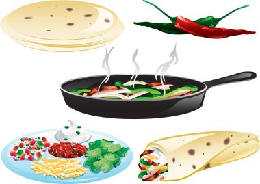 Un tortilla, acı biber, fajita ve malzemeler.