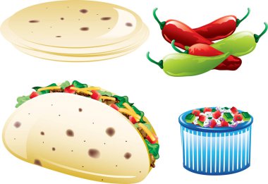 Un tortilla, salatalı, domatesli, peynirli, biberli ve pico de gallo soslu yumuşak taco.