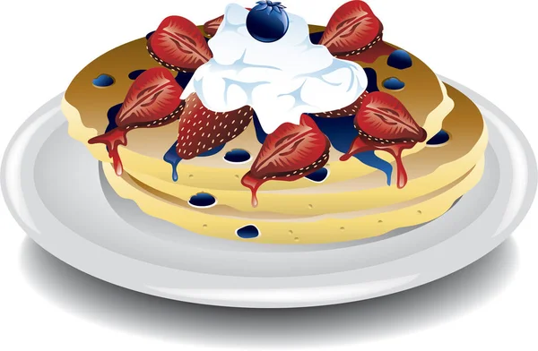 Illustration Une Pile Crêpes Avec Crème Fouettée Fraises Bleuets — Image vectorielle