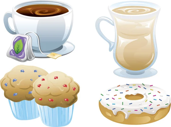 Illustrations Four Different Cafe Food Icons Iced Coffee Tea Muffins — Stock Vector