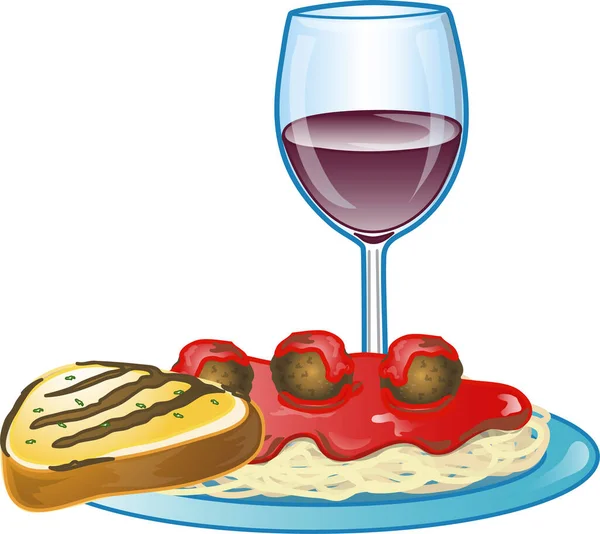 Ilustrasi Sepiring Spageti Anggur Merah Dan Roti Bawang Putih - Stok Vektor