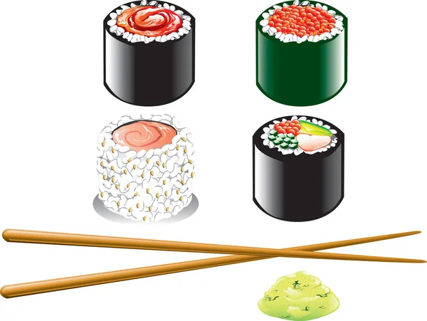 Illustration Different Japanese Food Icons Including Sushi Wasabi Chopsticks — Stock Vector