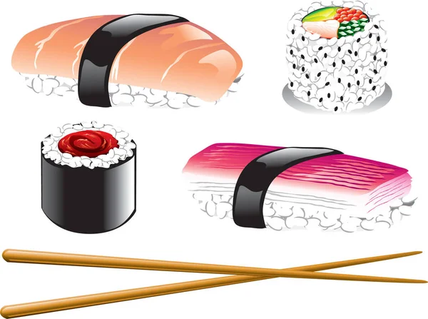 Ilustracja Różnych Japońskich Ikon Żywności Tym Sushi Sashimi Pałeczki — Wektor stockowy