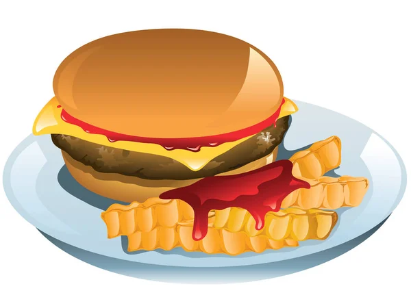 芝士汉堡和薯条加番茄酱的说明 — 图库矢量图片