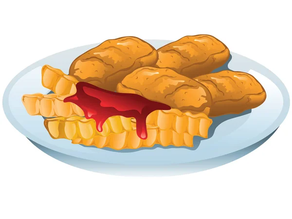 Ilustración Nuggets Pollo Papas Fritas Con Salsa Tomate — Vector de stock