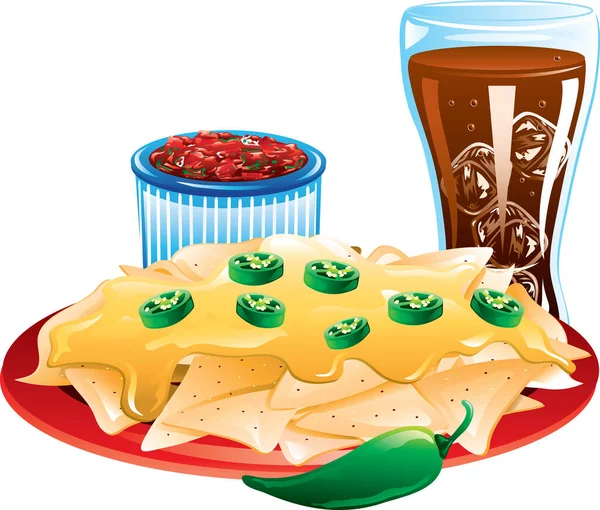 Illustration Eines Tellers Nachos Mit Käse Salsa Und Eistee — Stockvektor