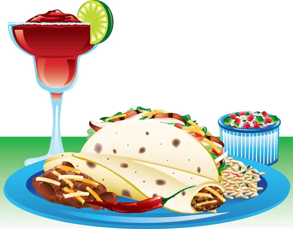 Illustrazione Manzo Taco Morbido Gamberetti Taco Morbido Fagioli Margarita Alla — Vettoriale Stock