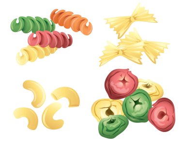 Fusilli, dirsek, papyon ve tortellini gibi farklı makarnaların çizimi