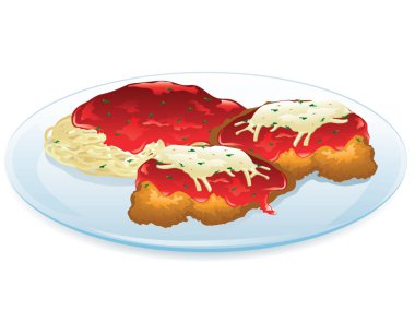 Tavuk, makarna ve kremalı domates soslu parmesan peyniri.