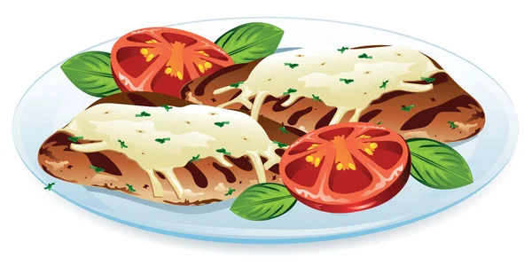 Illustration Von Hühnermargherita Mit Hühnerbrüsten Tomaten Basilikumblättern Und Mozzarella — Stockvektor