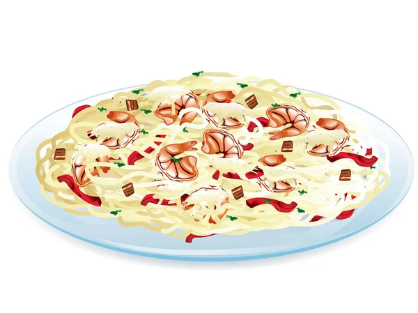 Garnélarák Carbonara Illusztrációja Spagettivel Garnélarákkal Pirospaprikával — Stock Vector