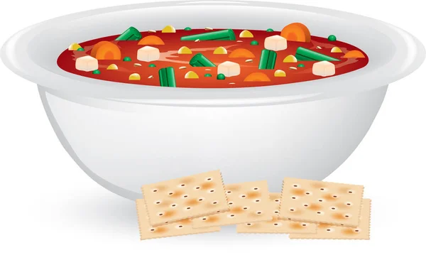 Illustration Einer Schüssel Gemüsesuppe Mit Salzcrackern — Stockvektor