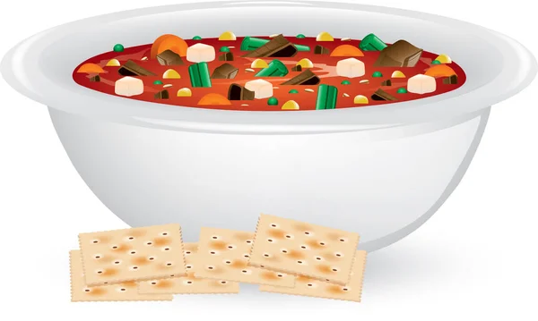 Illustration Einer Schüssel Gemüse Und Rindfleischsuppe Mit Salzcrackern — Stockvektor