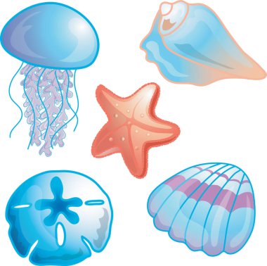 Denizanası, kum doları, deniz kabuğu ve deniz yıldızı sahili ikonlarının resimleri.