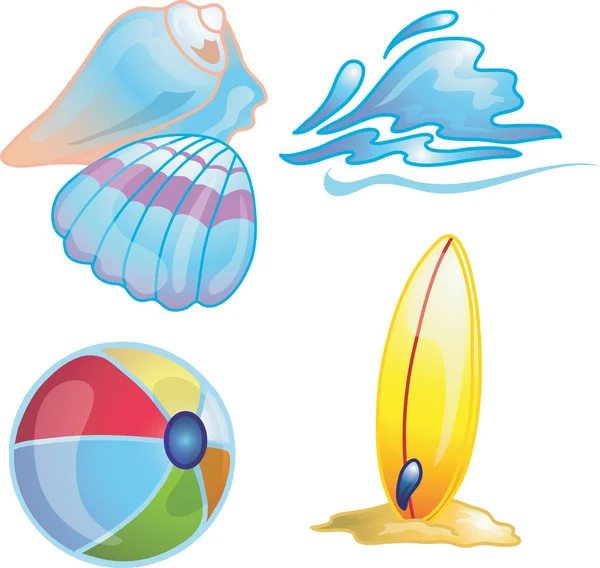 Ilustrações Conchas Água Beachball Ícones Praia Prancha — Vetor de Stock