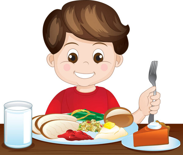 Illustration of a young boy holding a fork in front of a Holiday turkey meal