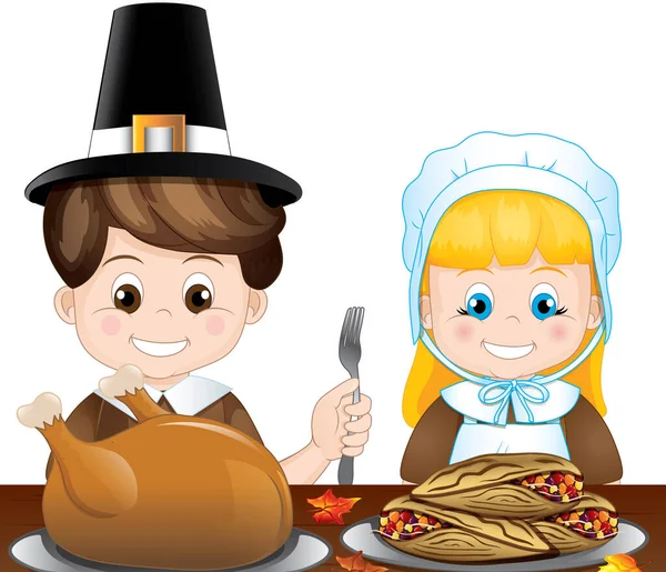 Illustration Pilgrim Thanksgiving Meal — Stock Vector