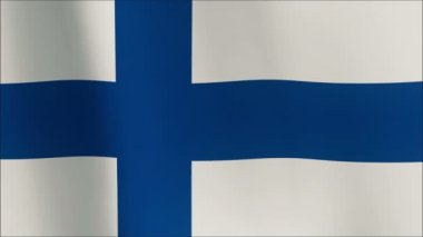 Finlandiya bayrağı güneşin doğuşunu, rüzgarda sallayarak yakın çekim güneşin doğuşunu sallayarak Finlandiya bayrağı