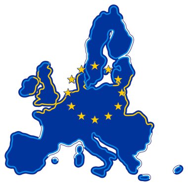 Avrupa Birliği üye ülkelerinin haritasının, AB izole edilmiş renkleri gibi mavi ve sarı yuvarlak köşeli yatay çizgiler tarafından sembolize edilmiş, soyut, sadeleştirilmiş şekli