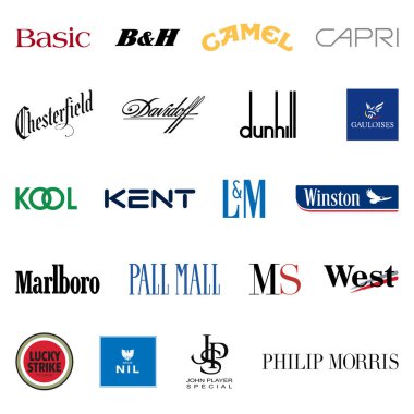 MILAN, ITALY - JUNE 24, 2021: Vector logos set of the 20 most famous cigarettes brands in the world