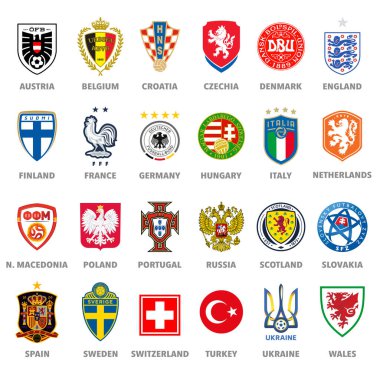 MILAN, ITALY - JUNE 24, 2021: Vector emblems collection of the 24 Official teams of the 2020 UEFA European Football Championship