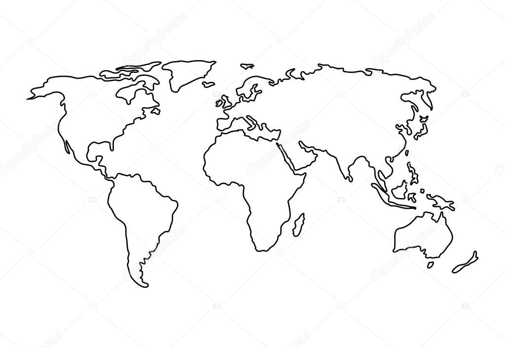 Drawing simple style vector line illustration of the Planisphere - Line contour drawing of the world map isolated on white background