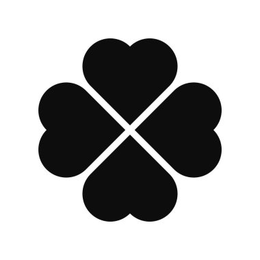 Beyaz arkaplanda izole edilmiş dört kalp şeklinde taç yapraklı siyah düz bir İrlanda stili dörtlü folyo yoncasının yüksek kaliteli vektör simgesi