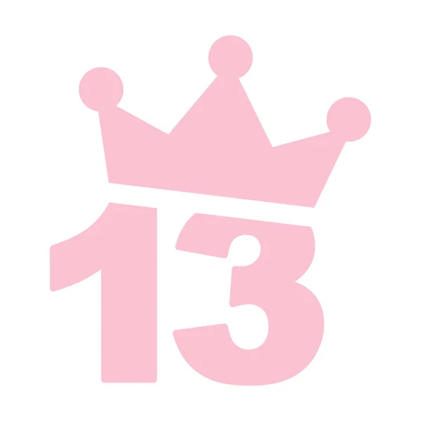13E Verjaardag Roze Icoon Nummer Dertien Met Een Kroon Bewerkbare — Stockvector