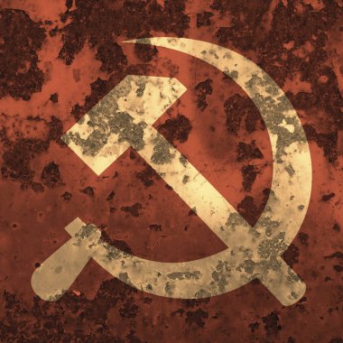 Çekiç ve orak yüksek kaliteli çizimler grunge dokusuyla örtüşür - Komünizm sarı sembolü kırmızı arkaplanda izole edilmiş