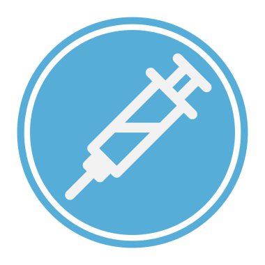 Mavi yuvarlak düğme üzerinde Corona Virüs aşısı düzenlenebilir vektör simgesi olan şırınga sembolü