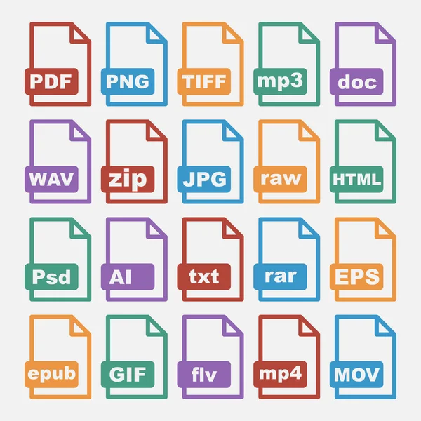 Vector Icons Set Digital File Formats Pdf Mp3 More Various — Stock Vector