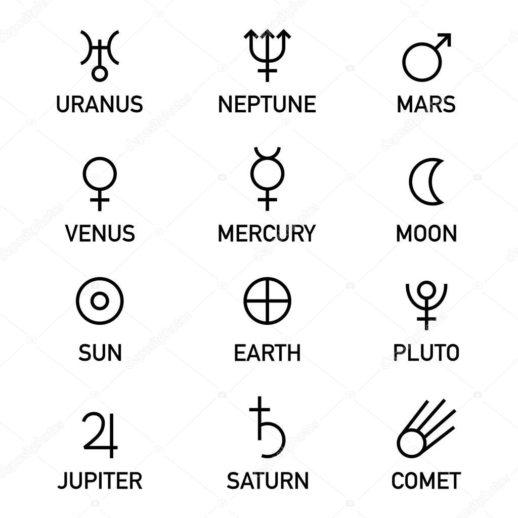 Planets symbols editable vector illustration set isolated on white background
