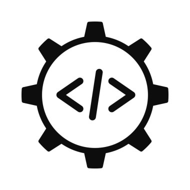 Beyaz arkaplanda vektör yüksek kaliteli bilgisayar programlama çizgisi simgesi izole edildi. Çarkın içindeki kodlama kavramını temsil eden kod sembolleri 