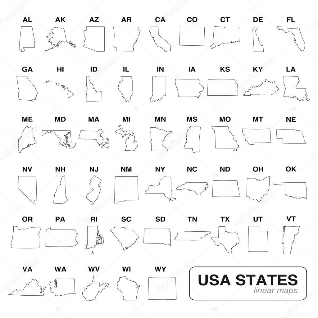 USA states linear maps vector illustration. High quality simple and flat outline map collection set of the United States of America 50 states isolated on white