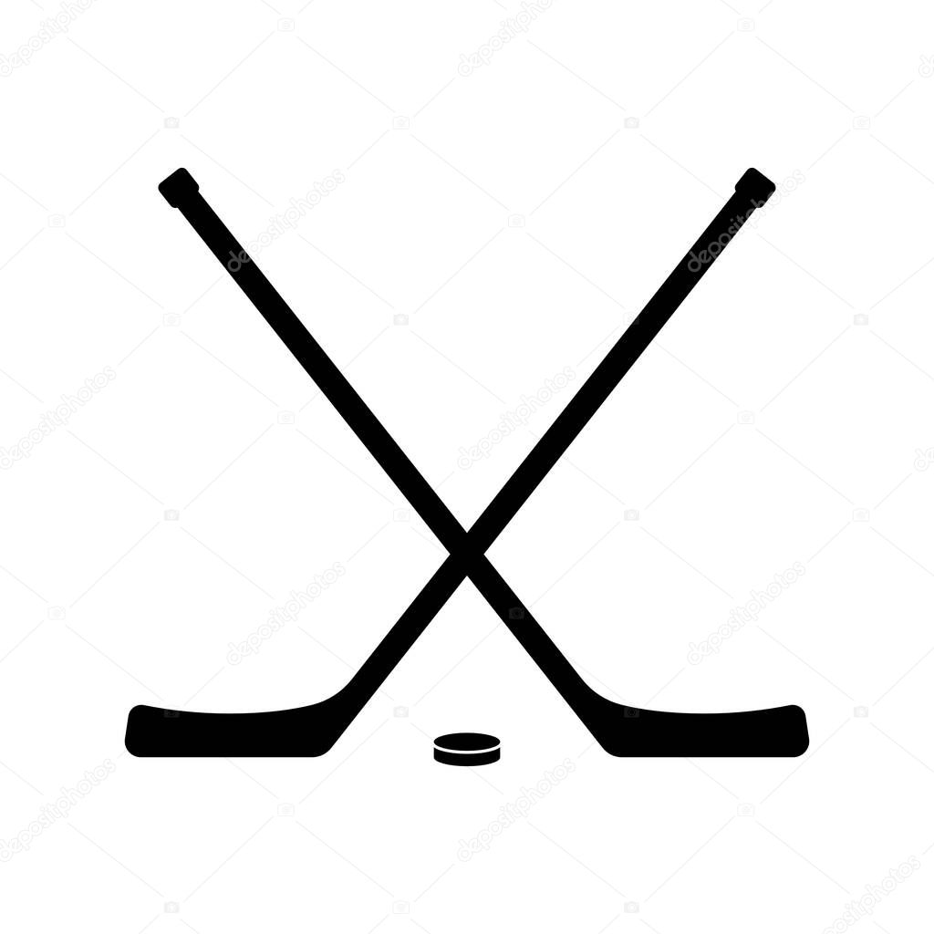 Hockey crossed sticks and puck black silhouette vector logo - Editable sport ice hockey icon 