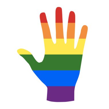 Barış ve hoşgörünün sembolü olarak insan eli şeklinde bulunan gökkuşağı bayrağı renkleri - LGBT düzenlenebilir yüksek renkli logonun vektör çizimi