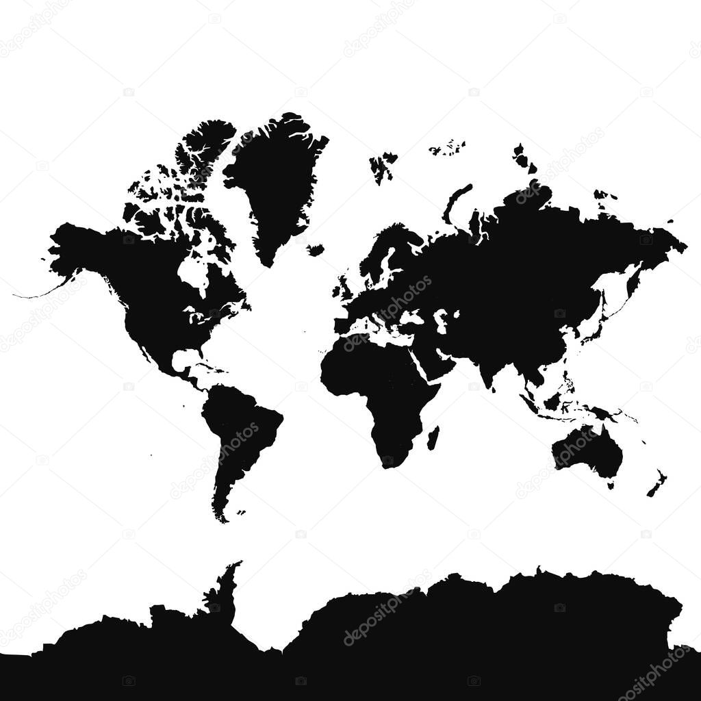 Planisphere simple style black silhouette illustration - Editable vector world map with Antarctica isolated on white background