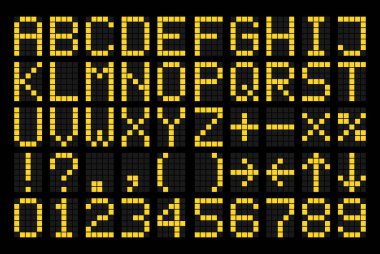 Dijital ekran vektörü yüksek kaliteli yazı tipi seti - Sarı pixelated type letters and numbers on black background 