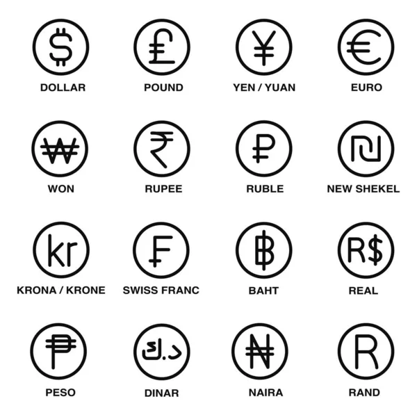 矢量扁平简洁的黑社会货币符号图集 独立于白色背景 包括美元标志和欧元标志 — 图库矢量图片
