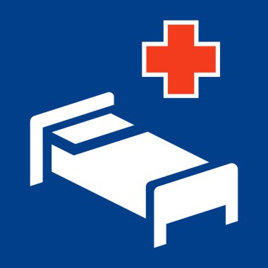 Hastane vektör işareti - beyaz yatak ve kırmızı haç kare mavi işaret levhasında bir kliniği gösteriyor