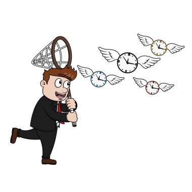 Business man chasing time - butterfly net and flying clocks vector Business man chasing time - butterfly net and flying clocks vector