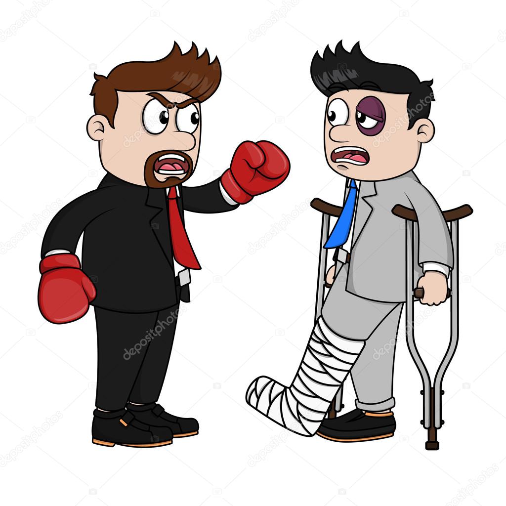 Business man wounded, beat up, black eye, crutches, broken leg Stock