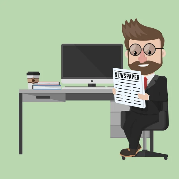 Business man reading newspaper in office — Stock Vector
