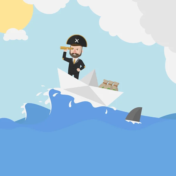 Pirata hombre de negocios viaje de vela en el océano — Vector de stock