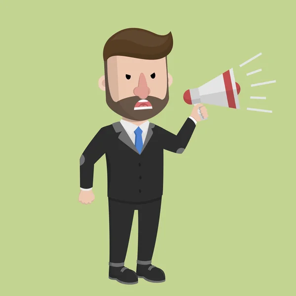 Dessin animé plat homme d'affaires crier sur mégaphone — Image vectorielle