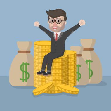 Para çuval ve madeni para ile çok mutlu iş adamı