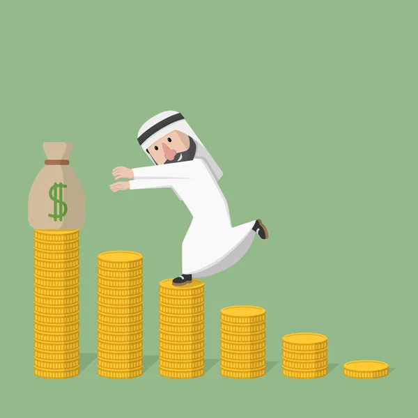 Arabische zakenman uitgevoerd boven het staafdiagram geld — Stockvector