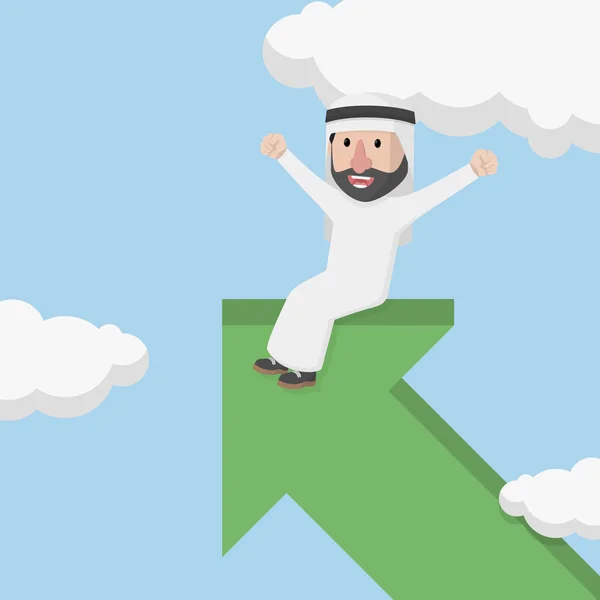 Empresário árabe sentado em flecha que sobe para o céu — Vetor de Stock