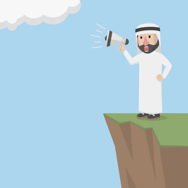 Árabe empresário gritando com um megafone no ravina — Vetor de Stock