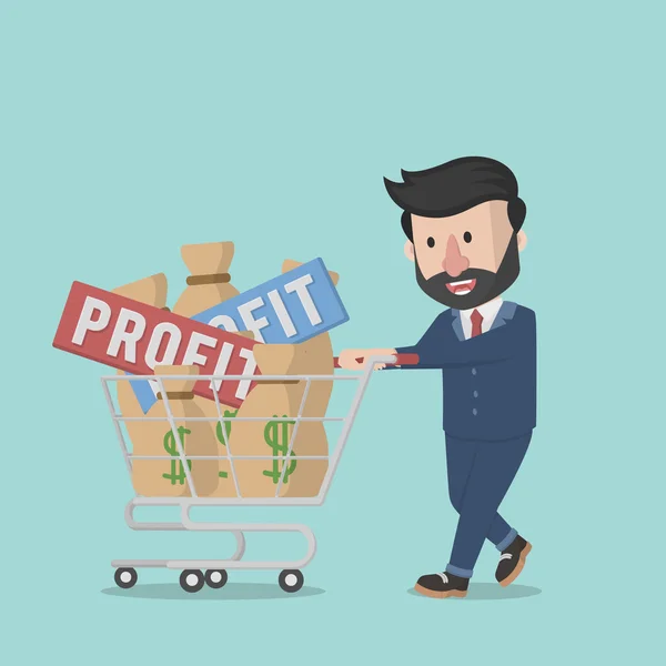 Business man pick up the company profit with trolley — стоковый вектор